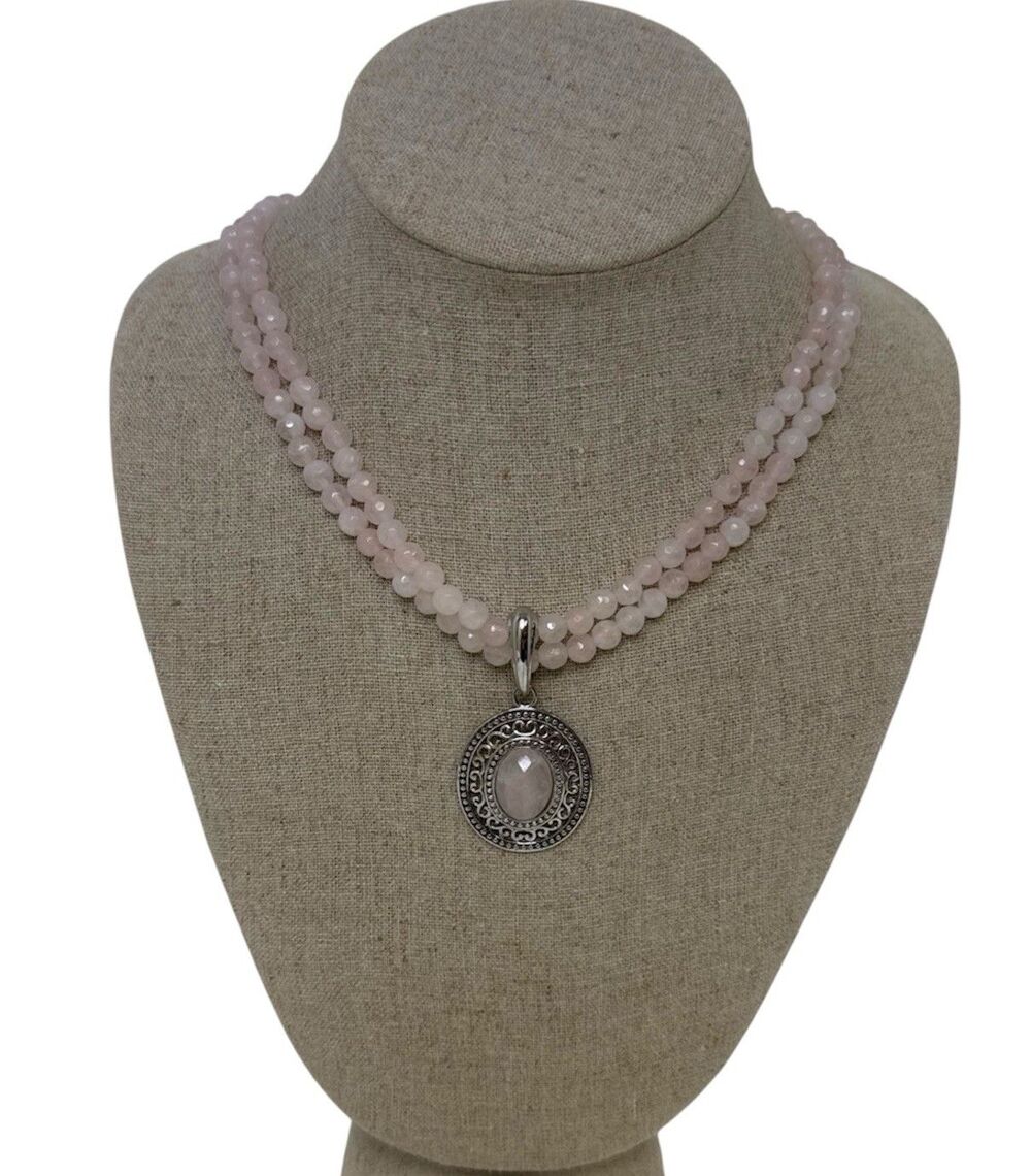 Jewel Source Double Strand Rose Quartz Beaded Necklace & 925 Removable Pendant